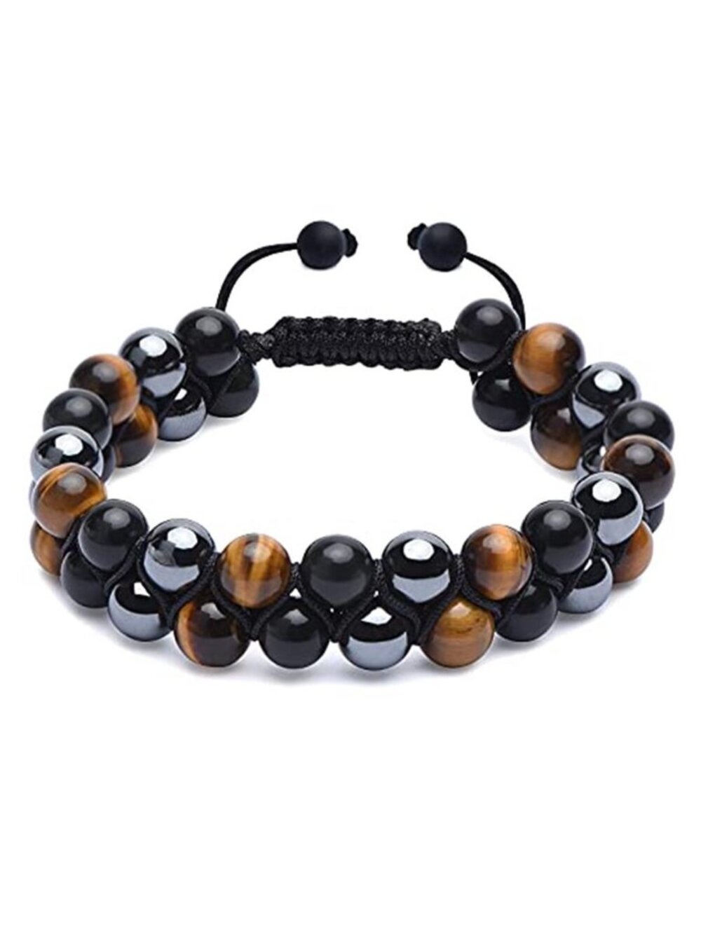 Mens Tiger Eye Obsidian Hematite Beaded Bracelet Adjustable Healing Stones